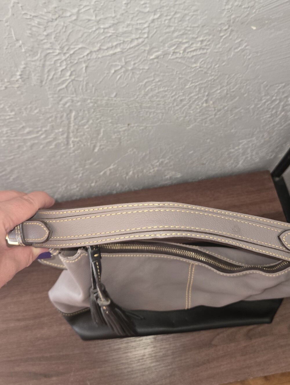 Dooney & Bourke Taupe and Black Leather Hobo Shoulder Bag - Picture 8 of 14